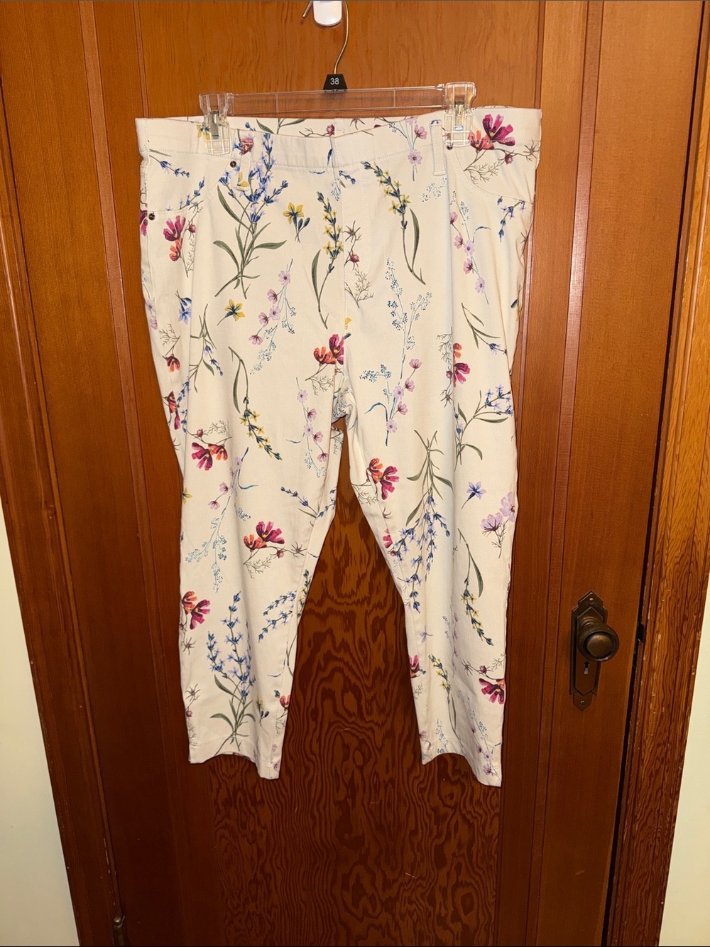 Time and Tru Cream Floral Capri with Pink, Blue & Green Accents